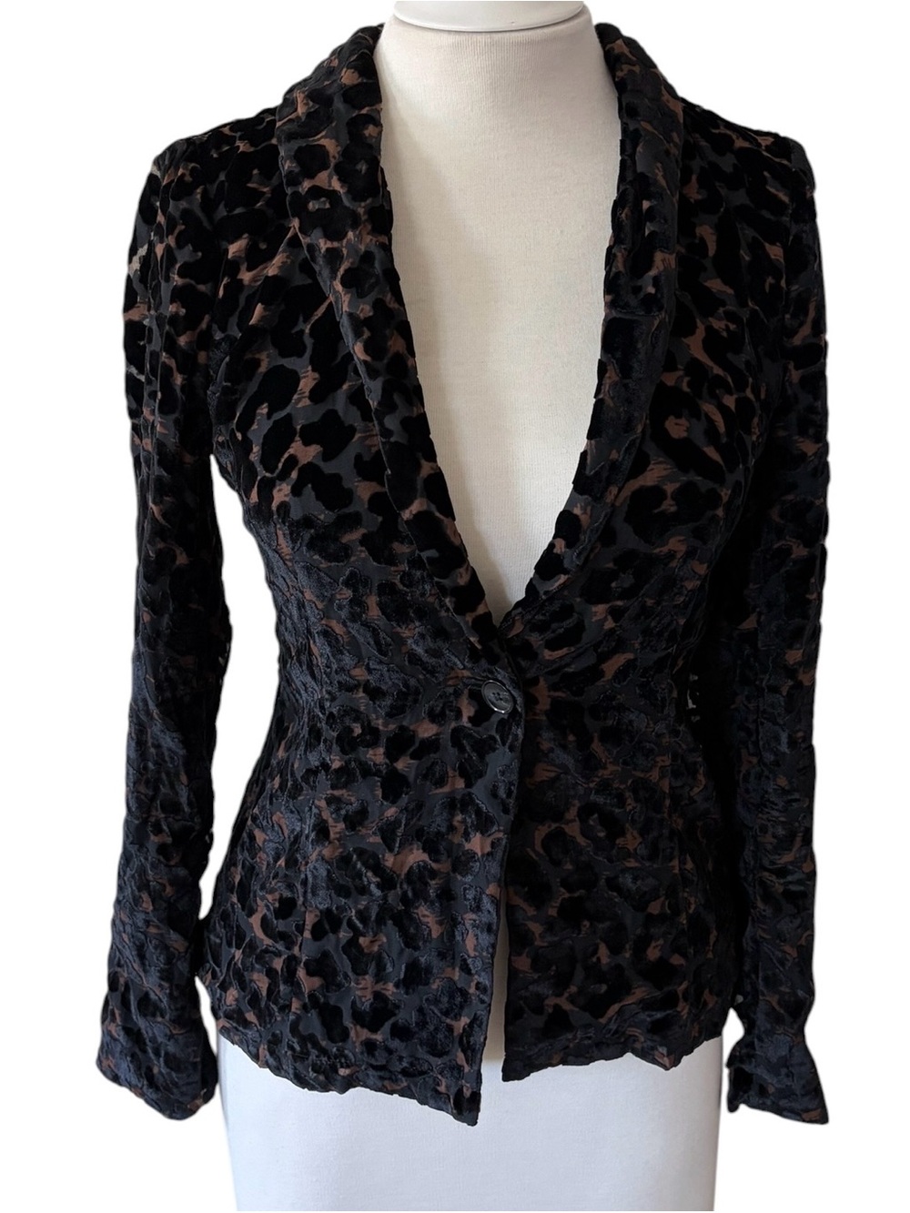 Womens Guess Black and Brown Velvet Crushed Leopard Shawl Collar Jacket Sz 2